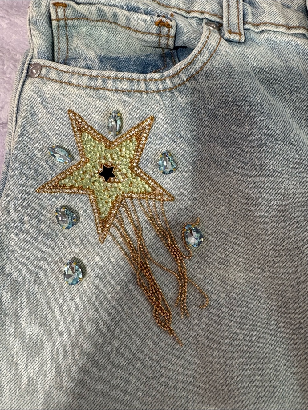 REVICE Light Blue Jeans with Gold Beaded Star and Crystal Accents